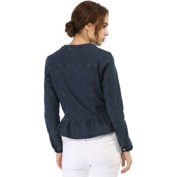 Women's Peplum Denim Jackets Collarless Round Neck Blue - Picture 5 of 6